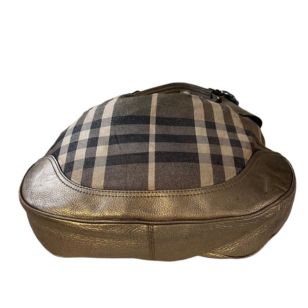 BURBERRY Metallic/Grey Beat Check Canvas and Leather Drawstring Hobo - Picture 7 of 11